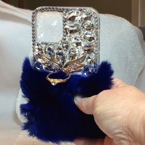 iPhone 12 6.1 Bling, ring, and blue fur cell cover